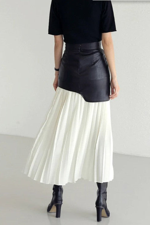 COMMENSE | Asymmetric Patchwork Faux Leather Chiffon Pleated Maxi Skirt