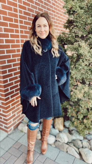 SAGAFURS Navy Cape with Fox Fur (O/S) NWT!