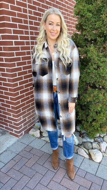 NEW! Brown Plaid Long Shacket