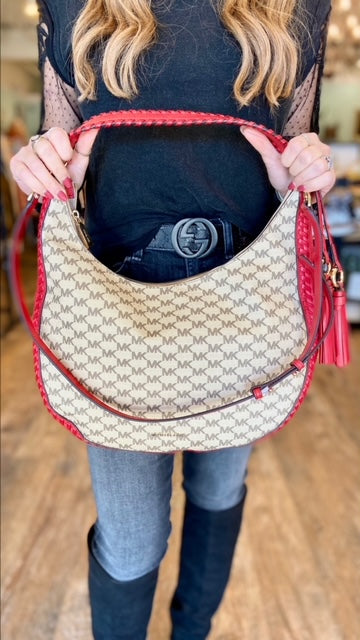 MICHAEL KORS Red Monogrammed Hobo Handbag