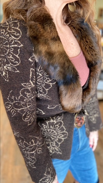JUST CAVALLI Brown/Fur Trim Cardigan (Fit S)