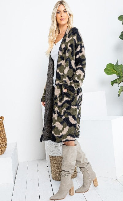 NEW! Camo Print Long Sweater Cardigan