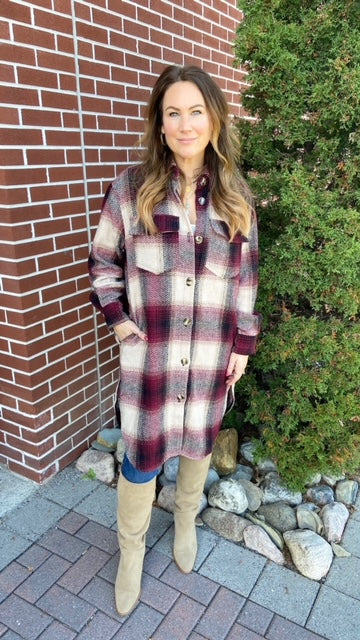 NEW! Burgandy Plaid Long Shacket!