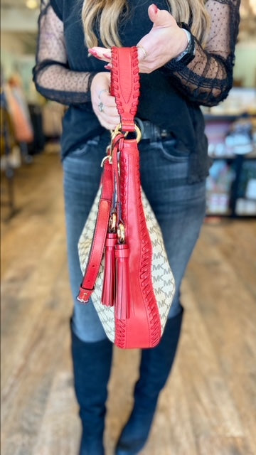 MICHAEL KORS Red Monogrammed Hobo Handbag