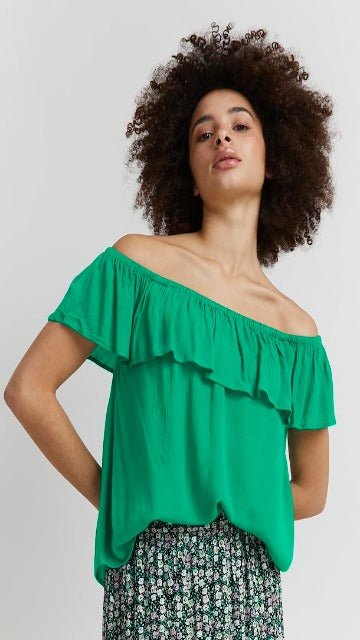 ICHI Green Ruffled Top